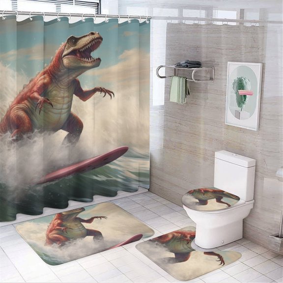 Dinosaur Rides Ocean Wave Surfing Shower Curtain Waterproof Bathroom Curtain Anti-slip Bath Mat Set Toilet Rugs Carpet