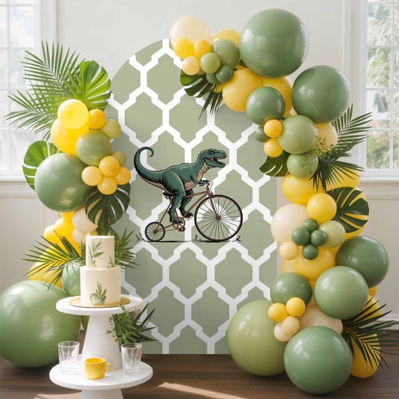 Dinosaur Riding Bike Arch Backdrop Cover, 4FT, Vintage Green Geometric Texture Spandex Arch Covers Double-Sided Backdrop for Wedding Birthday Party Photo Background Decoration