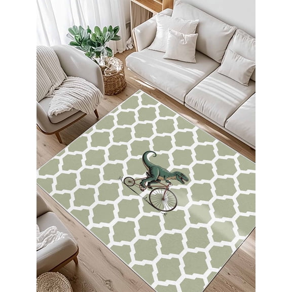 Dinosaur Riding Bike Area Rug for Bedroom 2.7x5 Ft Vintage Green Geometric Texure Super Soft fuzzy Throw Rug Non-Slip Fluffy Plush Indoor Floor Carpet for Living Room Nursery Home Decor