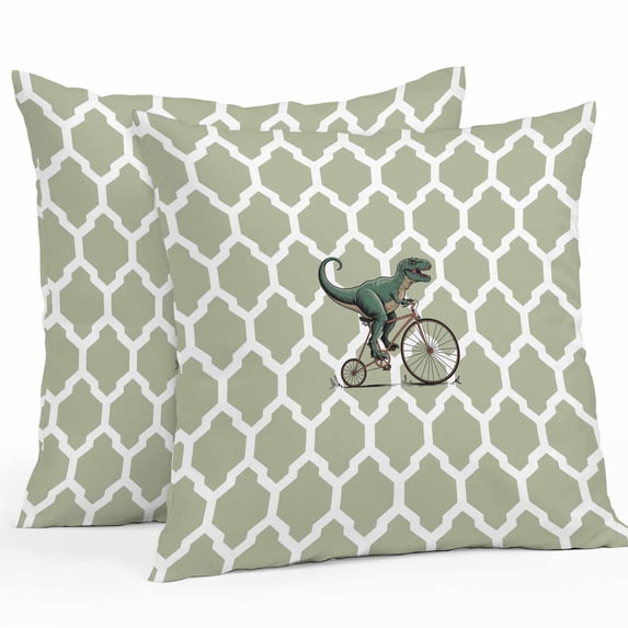 Dinosaur Riding Bike Outdoor Pillow Covers Pack of 2 Vintage Green Geometric Texure Waterproof Throw Pillow Covers Decorative Cushion Cases for Patio Garden Tent Balcony Couch 16x16 inch