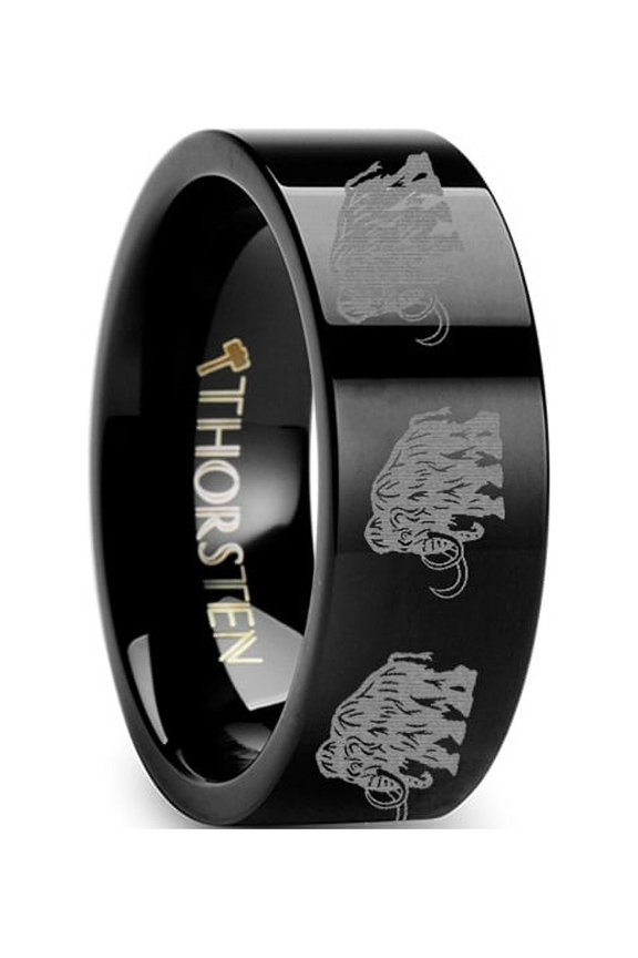 Dinosaur Ring Mammoth Ring Prehistoric Paleo Engraved Flat Black Tungsten Ring - 4mm - 12mm