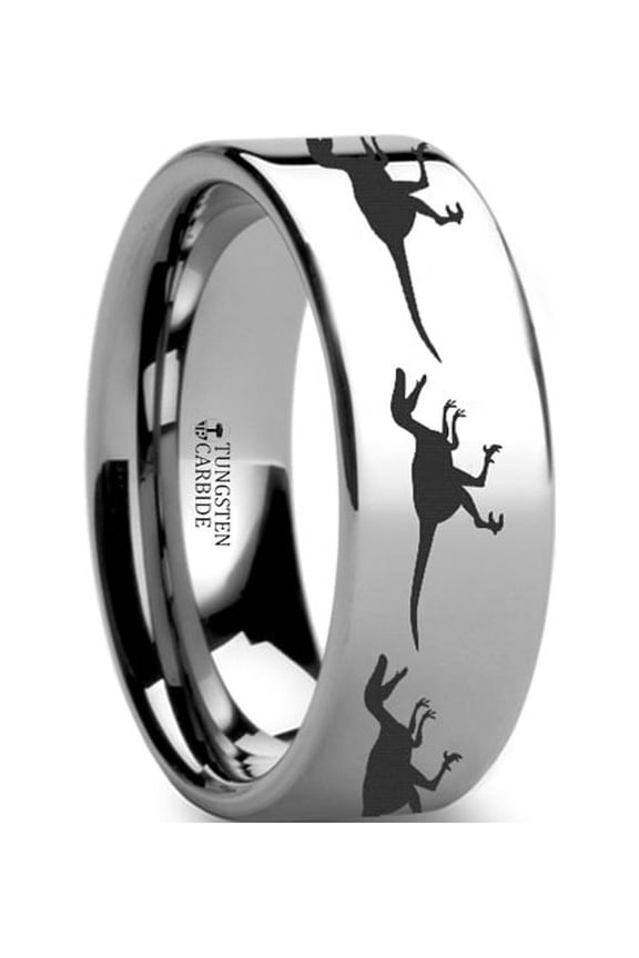 Dinosaur Ring Raptor Velociraptor Ring Prehistoric Paleo Engraved Flat Tungsten Ring - 4mm - 12mm