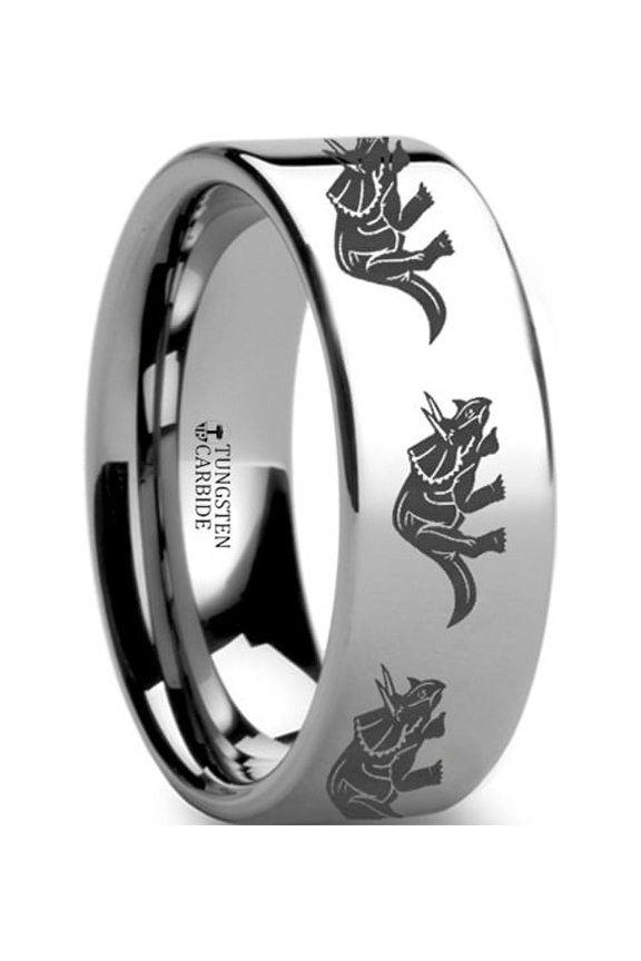 Dinosaur Ring Triceratops Ring Prehistoric Paleo Engraved Flat Tungsten Ring - 4mm - 12mm