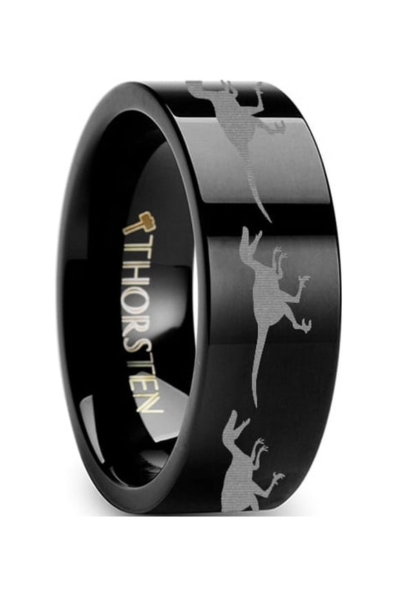 Dinosaur Rings Raptor Velociraptor Ring Prehistoric Paleo Engraved Flat Black Tungsten Ring - 4mm - 12mm