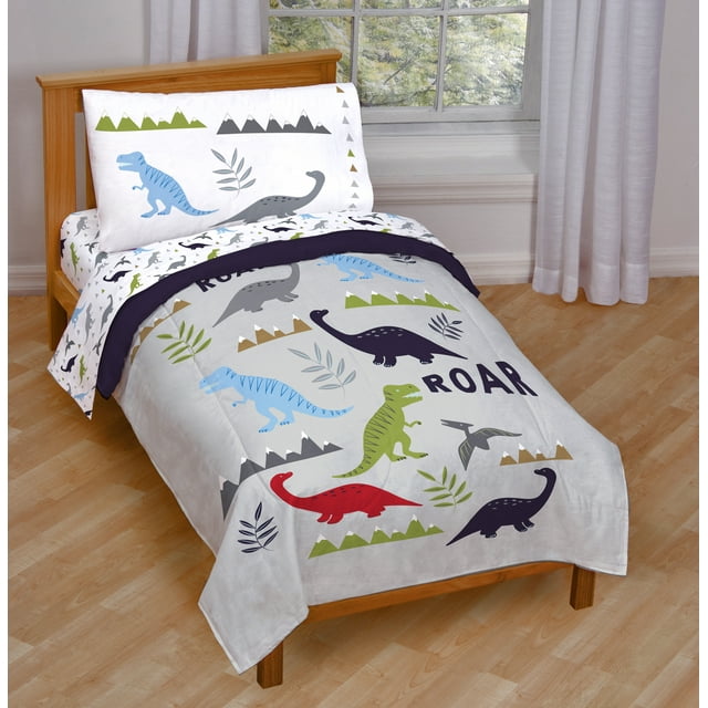 Dinosaur Roar Grey Dino Toddler Bed Set, Kids Bedding, 100 Microfiber