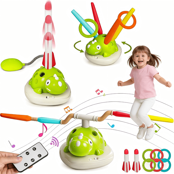 3 in 1 Dinosaur Musical Jumping, Toss Ring and Rocket Launcher, Musical Jump and Toss with Remote Control, Indoor, Outdoor Sports Toys for Boys and Girls Aged 3-8 (No Battery)
