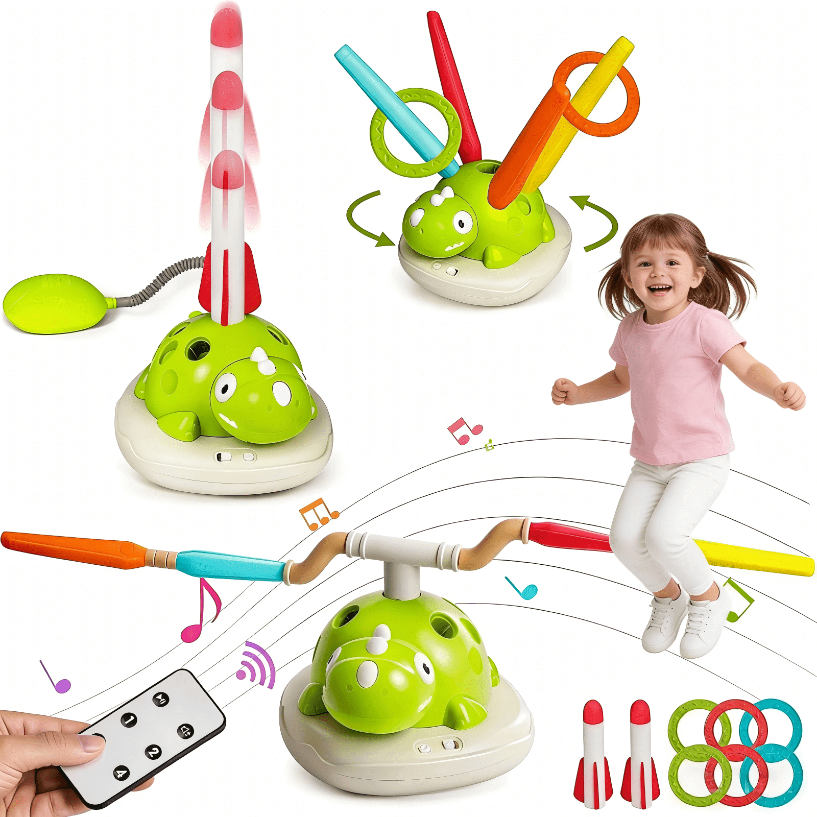 3-in-1 Dinosaur Musical Jumping Game, Toss Ring and Rocket Launcher with Remote Control, Kids Outdoor Indoor Toy Ages 3-8, No Battery