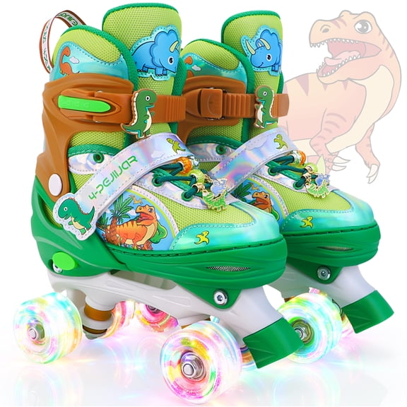 Dinosaur Roller Skates for Kids Boys Toddler Ages 2-4 5-8 8-12,Adjustable RollerSkates W/ LED Light-Up Wheels for Outdoor Beginner Gifts