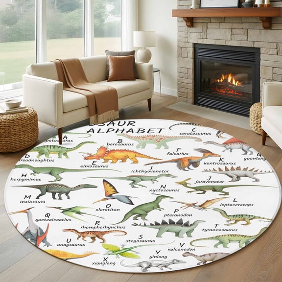 Dinosaur Round Area Rug 6Ft Washable Circle Rugs for Bathroom Office, Funny Dino Cute Cartoon Boys Girls Children Non-Slip Carpet Floor Mats Indoor Outdoor Carpet Runner Aesthetic Home Decor