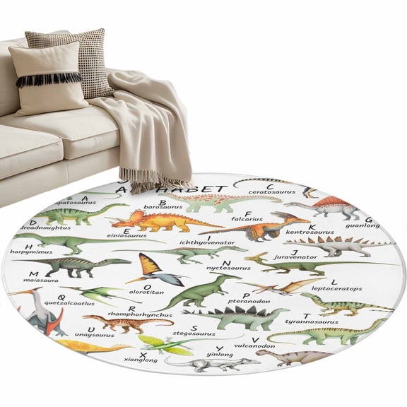 Dinosaur Round Area Rugs Collection 4', Funny Dino Cute Cartoon Boys Girls Children Non Slip Indoor Circular Throw Runner Rug Floor Mat Carpet for Living Room Dining Table Bedroom Nursery