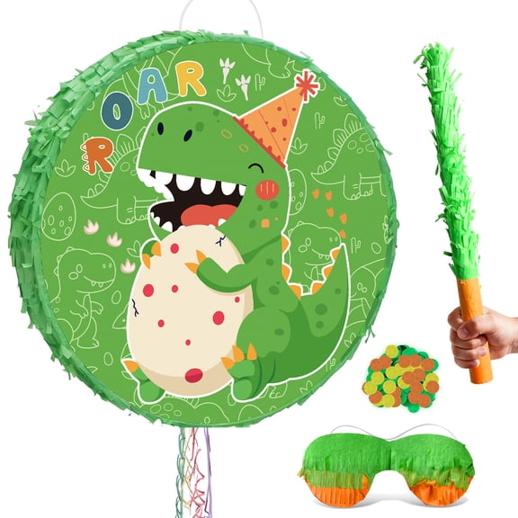 4 In 1 Dinosaur Round Piata, 17.58'' Dinosaur Piata Bundle, Dinosaur Party Decorations Blindfold Dino Birthday Party Stick etc Dino Themed Party Pinata for Dinosaur Party Favors Decorations
