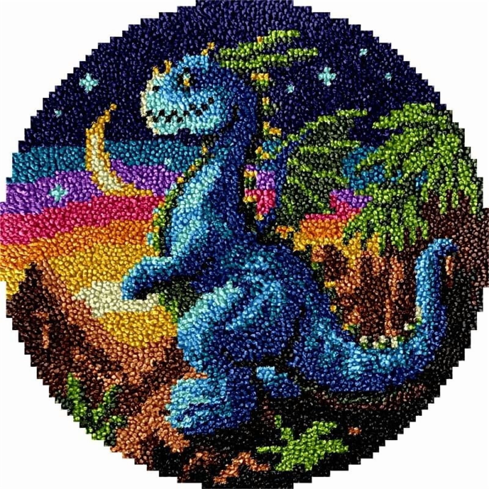 Dinosaur Round Shape Latch Hook Rug Kits Set for Starter Crochet Hook Cushion Mat Sofa Seat Cushion Crocheting Kits with Preprinted Canvas Crochet Yarn Kits 50X50cm (ui152)