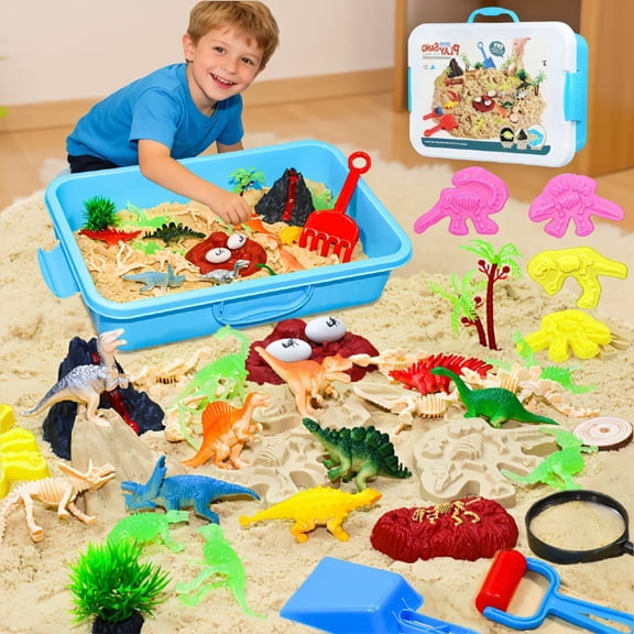 Dinosaur Sensory Sand Kit for 3-8, 2.64lbs Magic Sand Sensory Bin with Lid, Dino Archaeology Tools, STEM Montessori Sensory Toys, Christmas Birthday Gifts