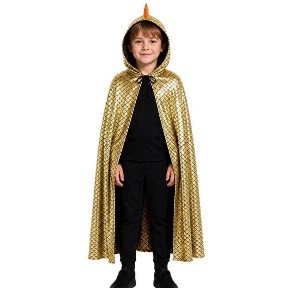 Dinosaur Sequin Cape, Costume Hood Horns, Shiny Dragon Cloak, Hooded Cape for Ki'Ds | Chil-Dren's Cloak With Hood for Halloween, Costumes, Medieval, Renaissance, Cosplay and More, Red S