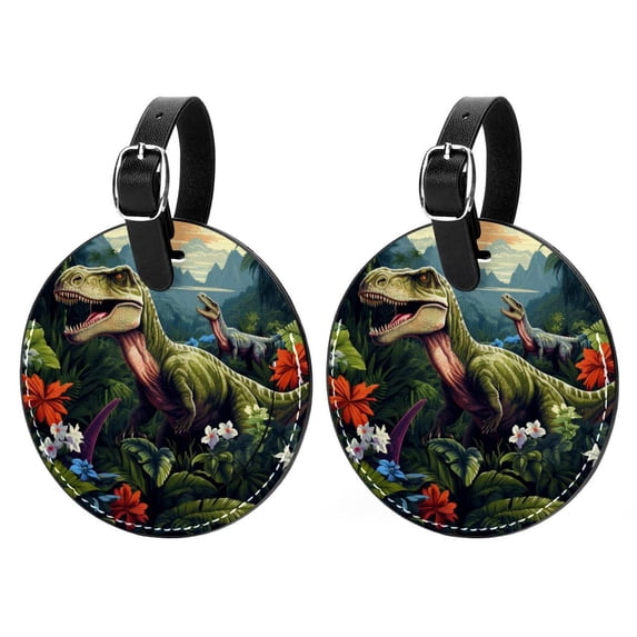 Dinosaur Set of 2pcs PU Leather Round Suitcase Tags with Privacy Cover and Name ID Tag - Ideal for Travel Luggage, Handbags, Backpacks, School Bags
