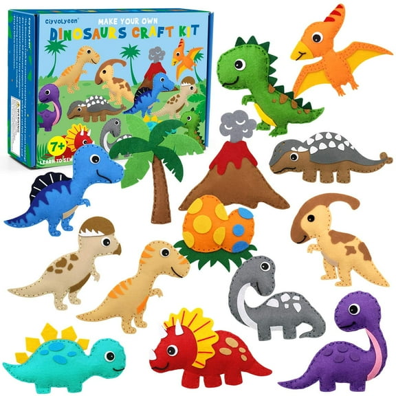 Dinosaur Sewing Craft Kit DIY Kids Craft and Sew Set for Girls and Boys Educational Beginners Sewing Stuffed Animal Felt Plush Ornaments Set of 14 Sewing Kits For Kids Age 8 9 10 11 12