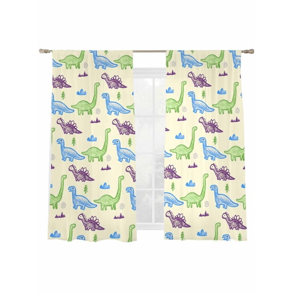 Dinosaur Sheer Curtains 2 Panels Set Cartoon Green Blue Purple Animal Small Mountain Farm Beige Sheer Window Curtains Light Filtering Rod Pocket Voile Drapes for Bedroom Living Room 52"X72"