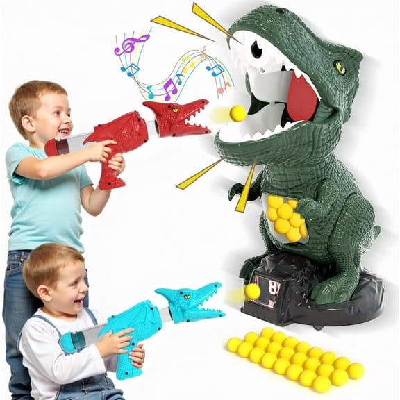Dinosaur Shooting Game for Kids  2 Air Pump Launchers, Electronic Target with LCD Score, Lights & Sounds, 24 Foam Balls, Gift for Boys Ages 3-5