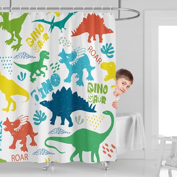 Dinosaur Shower Curtain 72"W x 72"L Dino Colorful Kid Funny Cartoon Animal Boys Polyester Fabric Waterproof 12 Pack Plastic Hooks