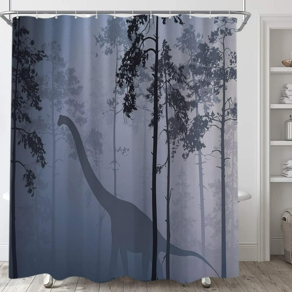 Dinosaur Shower Curtain Set, Jurassic Raptor Animals Dino Decor Fabric Shower Curtains Sets for Kids Boys Men Grey and Blue Purple Novelty Cute Bathroom Bath Accessories with Hooks 72 X 72 inch