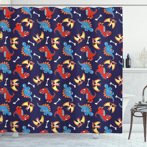Ambesonne Dinosaur Shower Curtain, Dino Funny Expressions, 69"Wx84"L, Navy Blue Orange Red