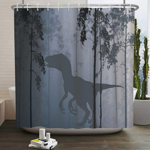 Dinosaur Shower Curtain Tyrannosaurus Rex Silhouette Bathroom Set with Hooks Jurassic Raptor Dino Animal Decor Curtains for Kids Boy Men Grey Novelty Cute Bath Accessories 72x72 Inch YLYYNT2694