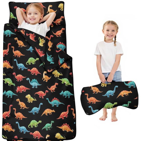 Dinosaur and Silhouette Black Pattern Kids Nap Mat, Daycare Sleep Mat with Handle & Fastening Straps, Portable with Handle Gifts for Birthday Holiday,50"x20"