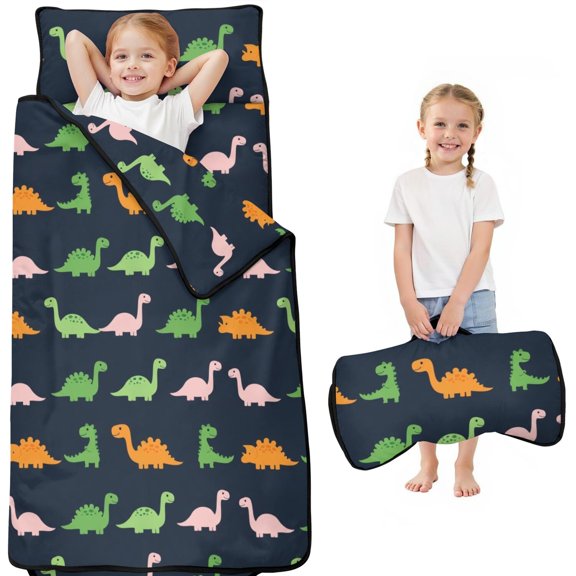Dinosaur and Silhouette Navy Blue Kids Nap Mat, Preschool Sleeping Pad with Handle & Fastening Straps, Soft Skin Friendly Gifts for Back To School Nap Time,50"x20"