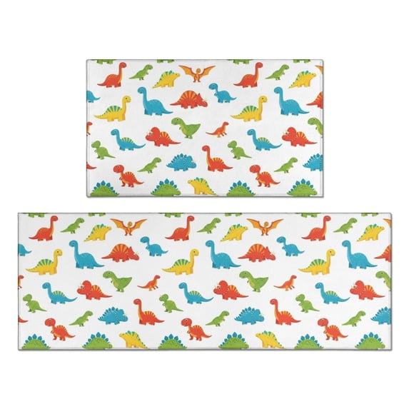 Dinosaur and Silhouette White Pattern Anti Fatigue Kitchen Rugs Set Of 2, Non Slip Washable Decorative Floor Mats for Kitchen Sink Laundry, 17"x30" and 17"x47"