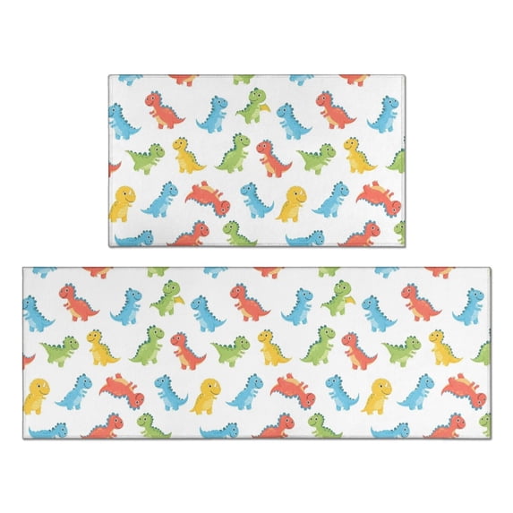 Dinosaur and Silhouette White Pattern Anti Fatigue Kitchen Rugs Set Of 2, Non Slip Washable Decorative Floor Mats for Kitchen Sink Laundry, 17"x30" and 17"x47"