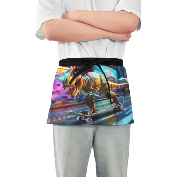 Dinosaur Skating Server Apron with 3 Pockets Waterproof Waitress Waist Short Apron for Man Woman 12 Inches