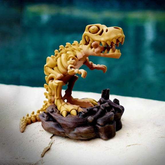 Dinosaur Skeleton 3D Printed T Rex Articulated Fossil Model for Museum Style Desktop Decoration and Prehistoric Display Yellow