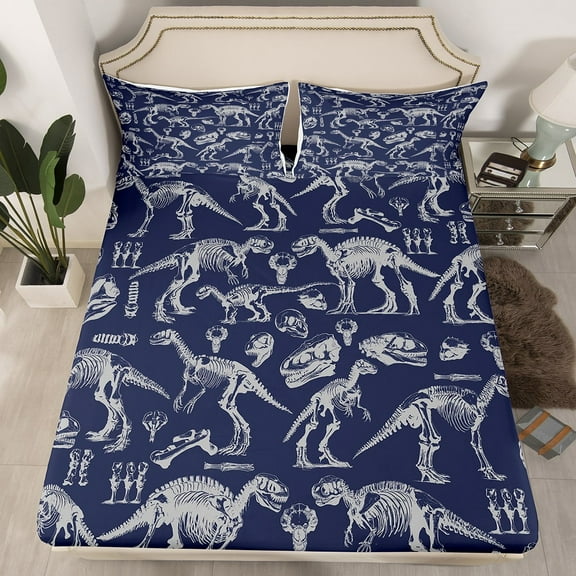 Dinosaur Skeleton Bedding Set Queen Size,Dinosaur Sugar Skull Fitted Sheet,Animals Bed Sheet Teens Men Room Decor,Vintage Sketch Dark Blue (No Flat Sheet),2 Pillowcases(No Top Sheet)