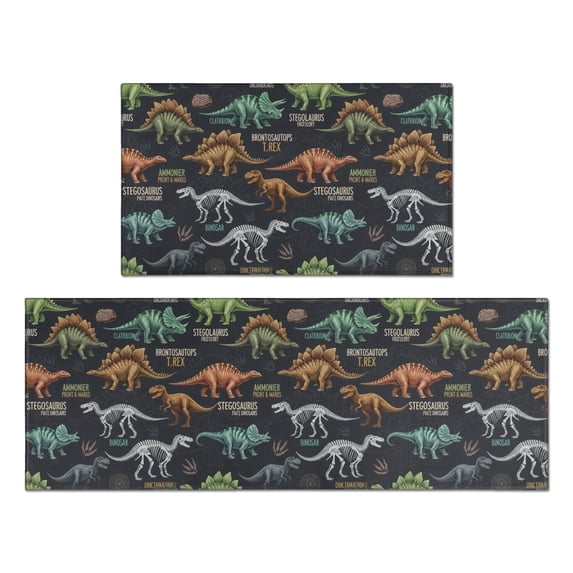 Dinosaur Skeleton Black Pattern Anti Fatigue Kitchen Rugs Set Of 2, Non Slip Washable Decorative Floor Mats for Kitchen Sink Laundry, 17"x30" and 17"x47"