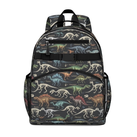 Dinosaur Skeleton Black Pattern Cute School Backpack Bag for School with Padded Back and Adjustable Shoulder Straps 15.25"x11.5"x5.25"