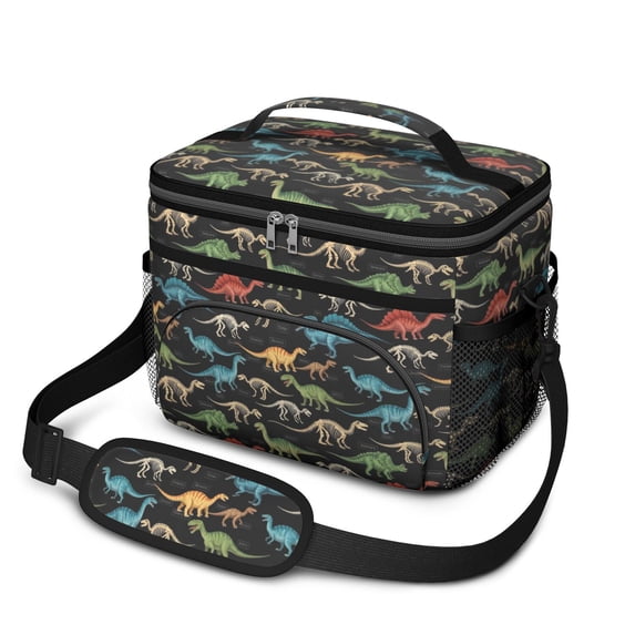 Dinosaur Skeleton Black Pattern Insulated Lunch Box for Women Men, Medium Leakproof Cooler Bag with Adjustable Strap, 10"x6.7"x8"