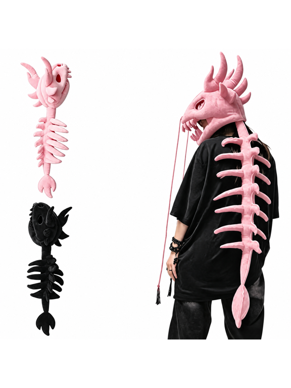 Dinosaur Skeleton Costume 47 in, Wearable 3D Plush Spinosaurus Dino Jumpsuit with Realistic Skull Headgear and Plush Spine, Halloween for Costume Parties & Role Play, Pink