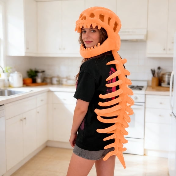 Dinosaur Skeleton Costume Hood Dino Skull Mask Plush Headwear, Prehistoric Animal Bone Hat Accessory for Halloween Dress Up Events, Unisex Carnival,L