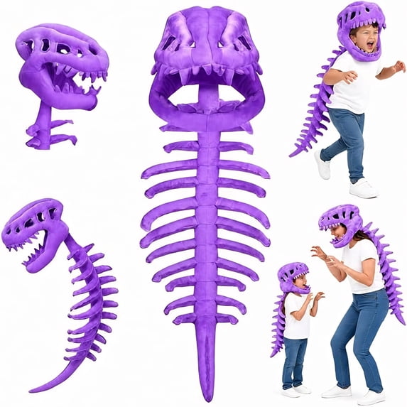 Dinosaur Skeleton Costume for Kids, Cozy Plush 3D Dino Toy Skull & Spine, Dinosaur Outfit for Halloween Props,Purple