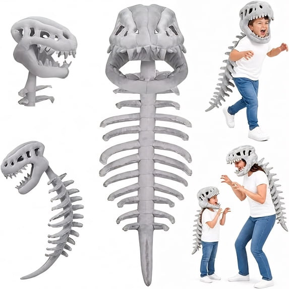Dinosaur Skeleton Costume for Kids, Soft Plush 3D Spinosaurus Outfit, Cute Dino Toy for Halloween Party Favors & Gifts, White