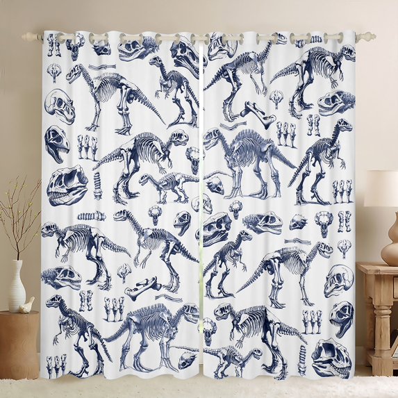Dinosaur Skeleton Duvet Cover,Animals Curtains Teens Bedroom Decor,Navy Blue Sketch Sugar Skull Window Treatment Curtain Modern Soft Window Drapes,2 Panels,52Wx63L
