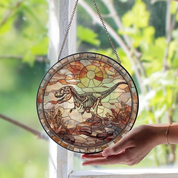 Dinosaur Skeleton Glass Window Suncatcher – Prehistoric Fossil Art Panel, Unique Gift For Dino Loversandscience Enthusiasts, Suncatcher Window Hanging, 3.5 in