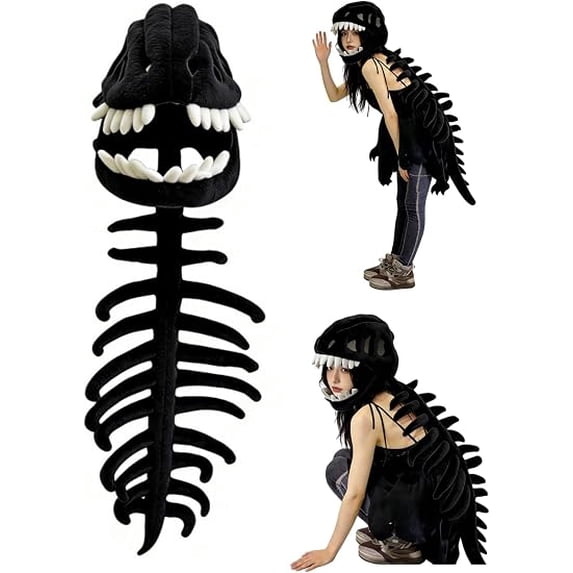 Dinosaur Skeleton Plush Headband Hat, Soft Wearable Dino Costume Headwear for Halloween Dress Up, Funny Dinosaur Hood for Parties, Cosplay Events, Costume Gatherings and Seasonal Fun