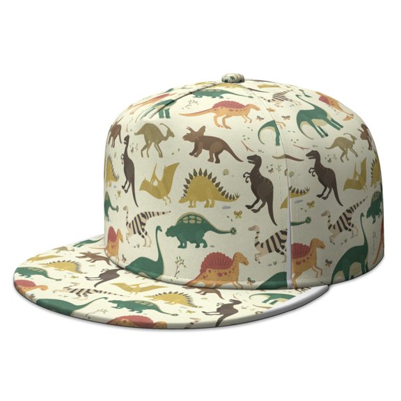 Dinosaur Skeleton Snapback Cap - Retro Hand-Drawn Dino Flat Visor Hat with Adjustable Closure