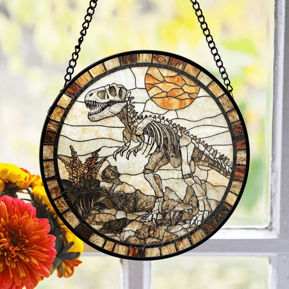 Dinosaur Skeleton Stained Glass Suncatcher, Prehistoric Window Decor, Fossil Theme