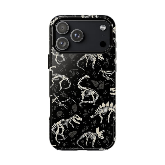 Dinosaur Skeleton Tough Phone Case for iPhone 7-17 Pro Max, Glossy Fossil Pattern Dual Layer Shockproof Protective Cover Gift for Dino Fans