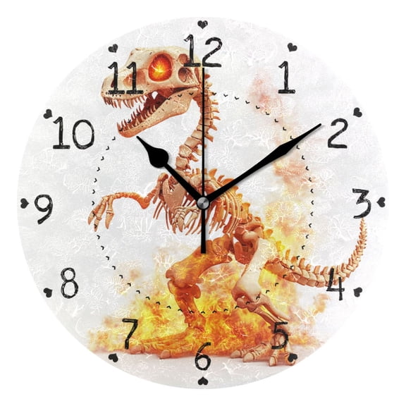 Dinosaur Skeleton on Fire Round Wall Clock Silent Analog Battery Operated Black Pointer Home Decor 9.84" Diameter