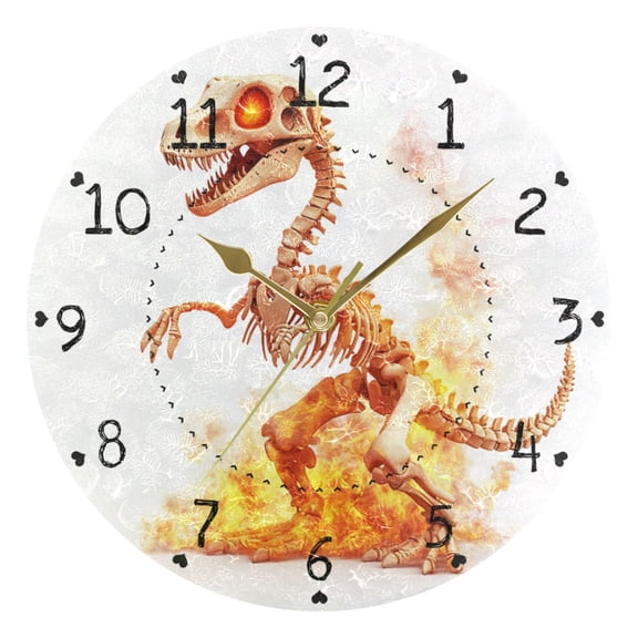 Dinosaur Skeleton on Fire Round Wall Clock Silent Analog Battery Operated Gold Pointer Home Decor 9.84" Diameter