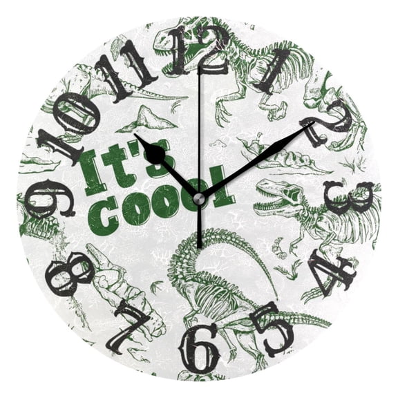 Dinosaur Skeletons Green Wall Clock 10 inch Non-Ticking Easy to Read Decorative Clocks for Home Bedroom Living Room