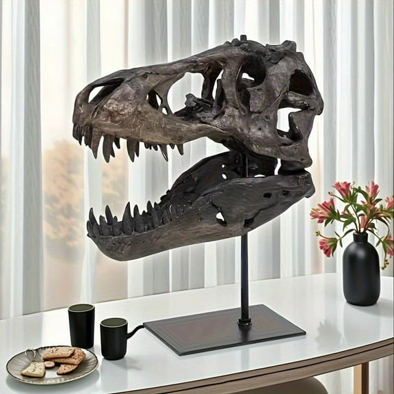Dinosaur Skull Statue with Metal Stand, Realistic T Rex Skull Decor in Resin, Shelf and Desk Display for Home Office, Prehistoric Style Sculpture for Interior Decoration